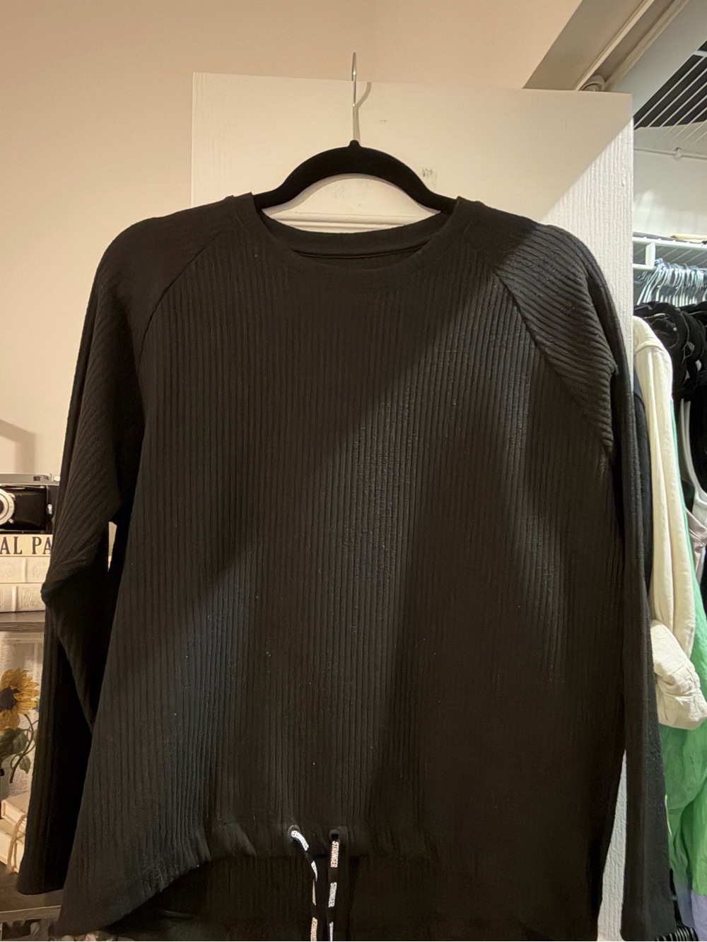 STRONGER Black Ribbed Long-Sleeve Crewneck Shirt with Drawstring